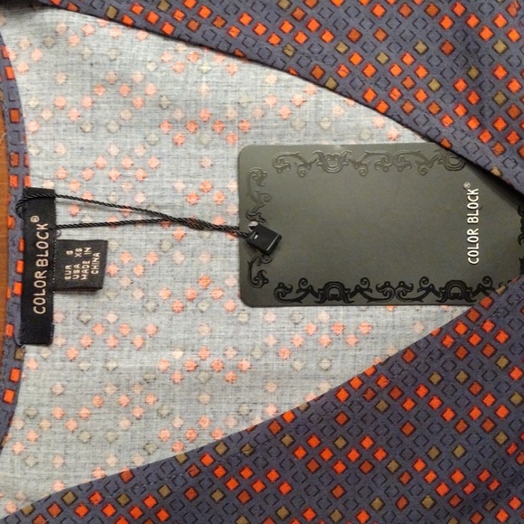 Color Block Long Sleeve Mini Dress, Size Small, Steel Blue/Red & Tan Design - Picture 7 of 10